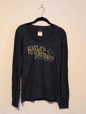 Harley-Davidson Dark Grey Long Sleeve Graphic Tee with Yellow & Blue Logo